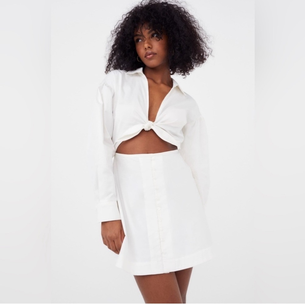 For Love and Lemons Cotton White Tie Front Mini Dress with Collar and Buttons